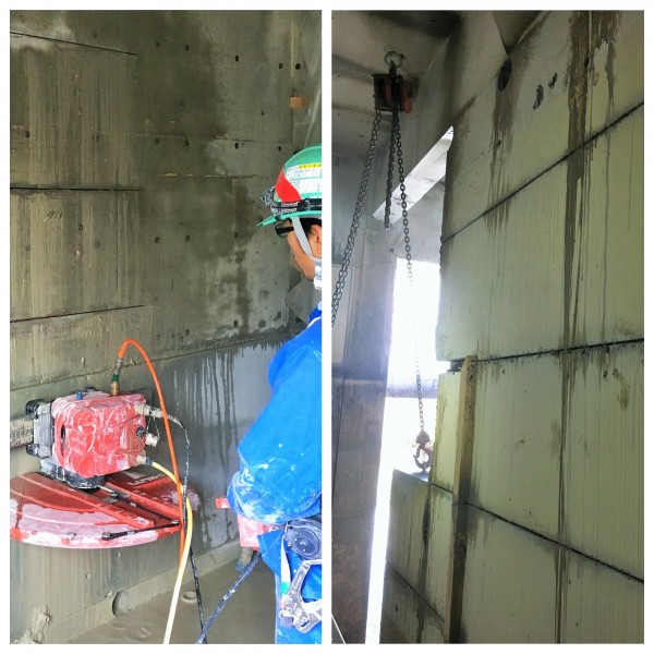 ウォールソー工法：切断精度が要求される建物の改修工事等に活用されます。騒音・粉塵が非常に少ない工法です。